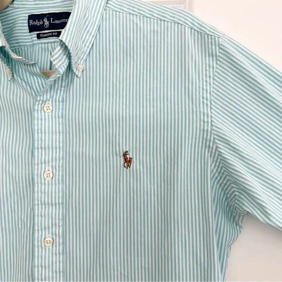 Ralph Lauren Oversized Fit Blue / Green & White Striped Button-Down Oxford Shirt - Picture 8 of 16